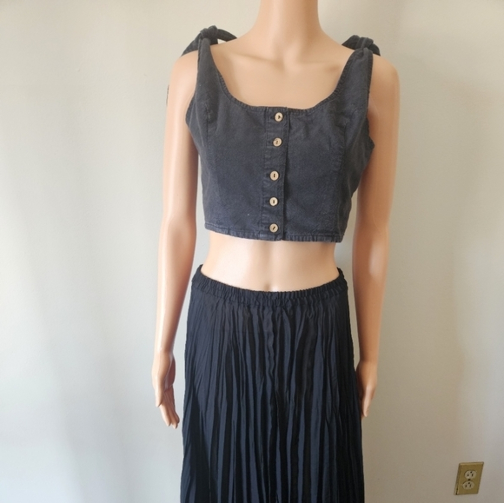 Free people black denim crop top with button-up front